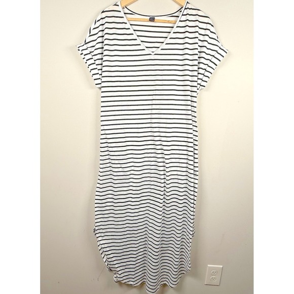Shein Maxi T-Shirt Dress Cuffed Bat Wing Sleeve Curved Hem V Neck Stripe Women L - Picture 1 of 7
